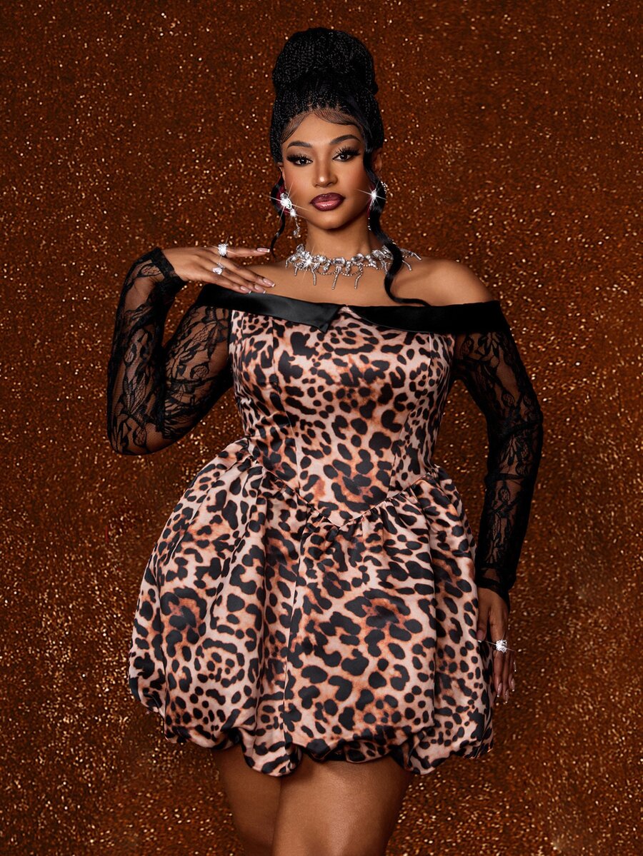 Maweii New Lace Sleeve Off-Shoulder Leopard Print Short Dress Fall - Brown - View 1