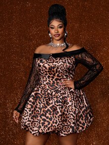 Maweii New Lace Sleeve Off-Shoulder Leopard Print Short Dress Fall - Brown - View 4