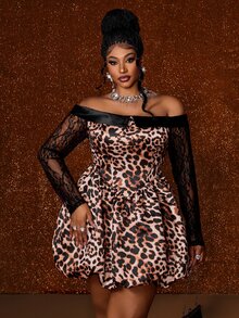 Maweii New Lace Sleeve Off-Shoulder Leopard Print Short Dress Fall - Brown - View 2