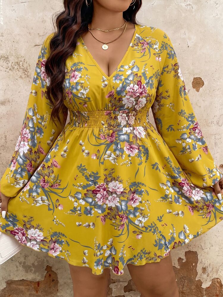 EMERY ROSE Plus Size Women's Floral Print Shirred Waist Flare Sleeve Vacation Dress Fall - Yellow - View 6