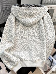 Resyla 女款外套上衣，秋冬新款，豹紋灰色與白色，女款雙層連帽拉鍊運動衫，學生穿搭，寬鬆慵懶休閒，街頭通勤夾克 - 彩色 - 查看 2