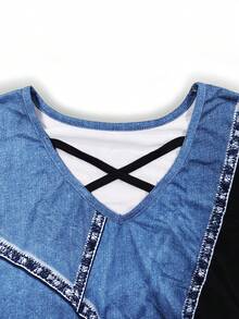 EMERY ROSE 大尺碼女款交叉前領弧形下擺長版洋裝 T-shirt 連身裙套裝 - 黑與白 - 查看 7