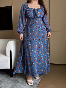 Vibekara Plus Size Elegant Tropical Fairy Floral Print Square Neck Pleated Tie Dress Autumn Brunch Birthday Royal Blue - Black and White - View 6
