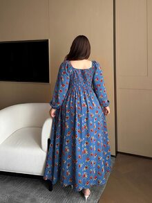 Vibekara Plus Size Elegant Tropical Fairy Floral Print Square Neck Pleated Tie Dress Autumn Brunch Birthday Royal Blue - Black and White - View 2