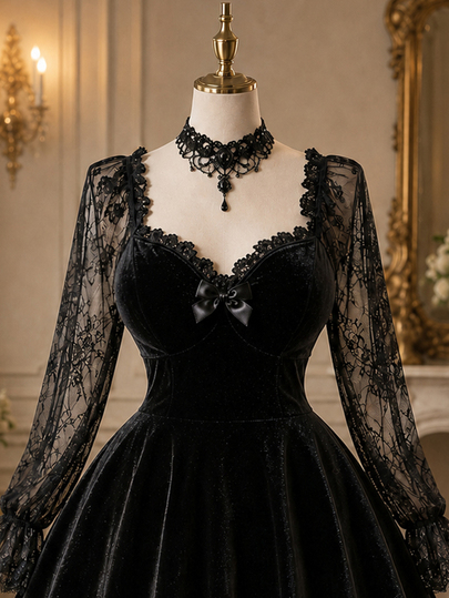 Rometta Vestido de Halloween de talla grande favorecedor de terciopelo y encaje de manga larga color oscuro para fiesta de otoño, invitada de boda, negro gótico elegante para Halloween e invierno