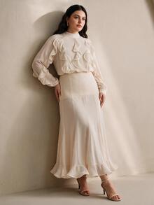 Anewsta Women's New Arrival Stand Collar Elegant Romantic Chiffon Fabric Body With Ruffle Trim Long Sleeve Patchwork Flared Hem Plus Size Dress Fall - Apricot - View 3