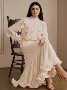 Anewsta Women's New Arrival Stand Collar Elegant Romantic Chiffon Fabric Body With Ruffle Trim Long Sleeve Patchwork Flared Hem Plus Size Dress Fall - Apricot - View 5