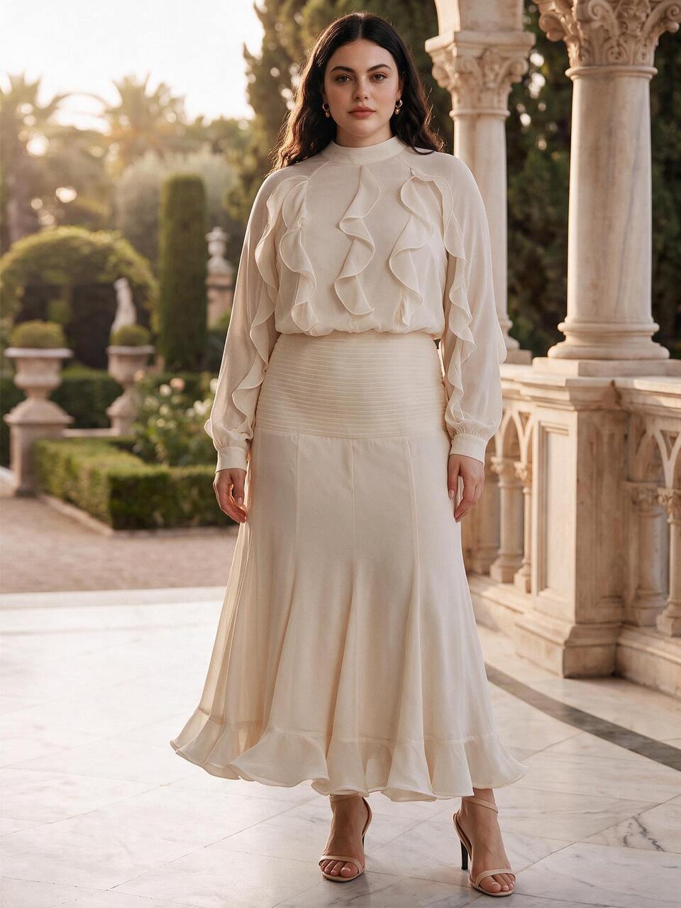 Anewsta Women's New Arrival Stand Collar Elegant Romantic Chiffon Fabric Body With Ruffle Trim Long Sleeve Patchwork Flared Hem Plus Size Dress Fall