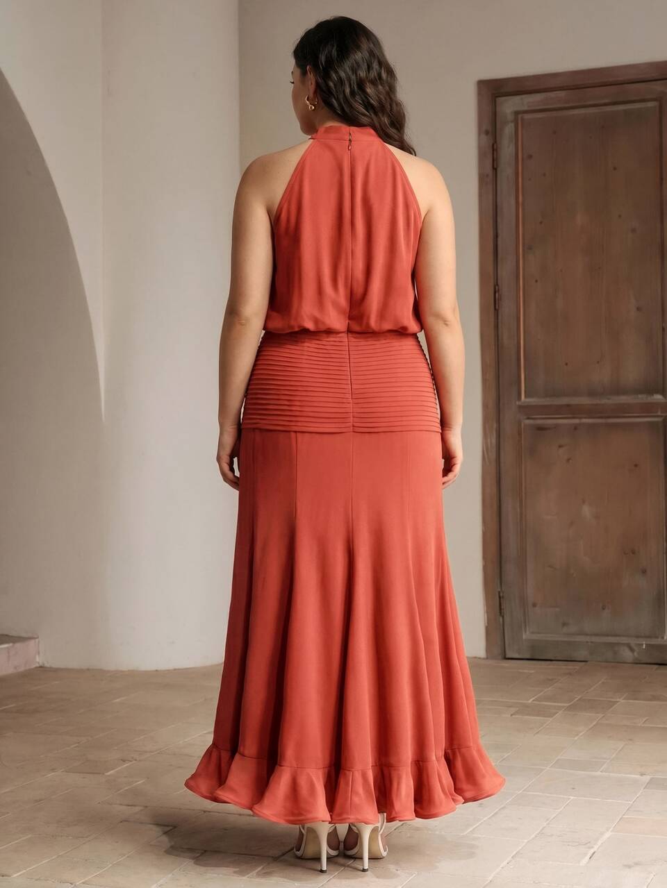 Anewsta Spring/Summer New Holiday Party Sleeveless Detachable Floral Decor Cinched Waist Ruffle Hem Maxi Dress, Plus Size