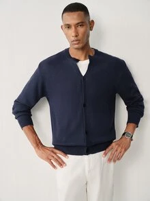 Manfinity CityGents Men's Knit Single-Breasted Long Sleeve Cardigan, Suitable For Daily Casual Wear Or Outings, Ideal Gift For Friends, Navy Blue Autumn Teachers' Day - Navy Blue - View 4
