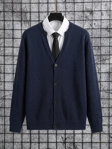 Manfinity CityGents Men's Knit Single-Breasted Long Sleeve Cardigan, Suitable For Daily Casual Wear Or Outings, Ideal Gift For Friends, Navy Blue Autumn Teachers' Day - Navy Blue - View 2