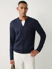 Manfinity CityGents Men's Knit Single-Breasted Long Sleeve Cardigan, Suitable For Daily Casual Wear Or Outings, Ideal Gift For Friends, Navy Blue Autumn Teachers' Day - Navy Blue - View 1