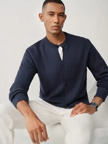 Manfinity CityGents Men's Knit Single-Breasted Long Sleeve Cardigan, Suitable For Daily Casual Wear Or Outings, Ideal Gift For Friends, Navy Blue Autumn Teachers' Day - Navy Blue - View 10