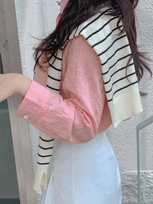 DAZY 女款純色單排扣休閒日常穿著襯衫 秋季 - 粉色 - 查看 5