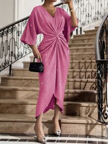 SHEIN Lady Vestido de fiesta elegante con brillo y detalle de torsión, talla grande, color fucsia - Rosa Fucsia - Ver 3