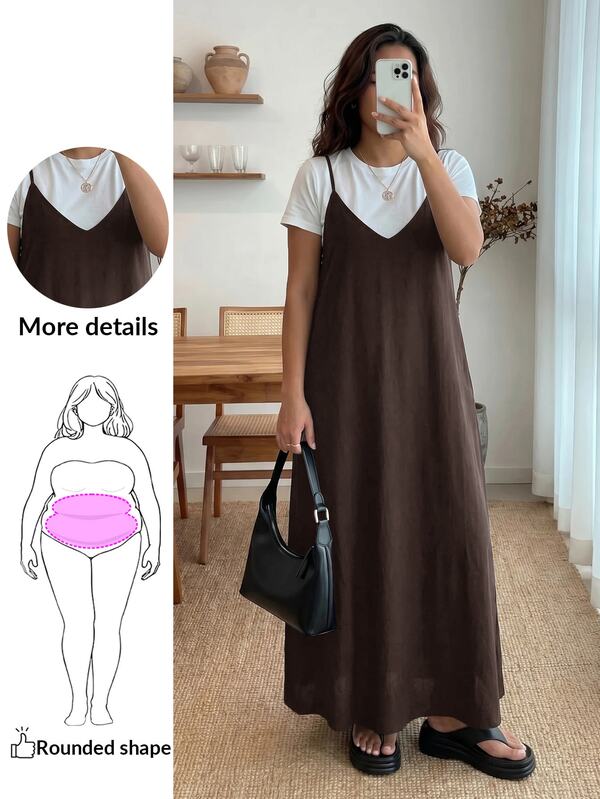 Enliva Plus Size Women's Summer Loose Spaghetti Strap Dress With Side Pockets A-Line Hides Belly