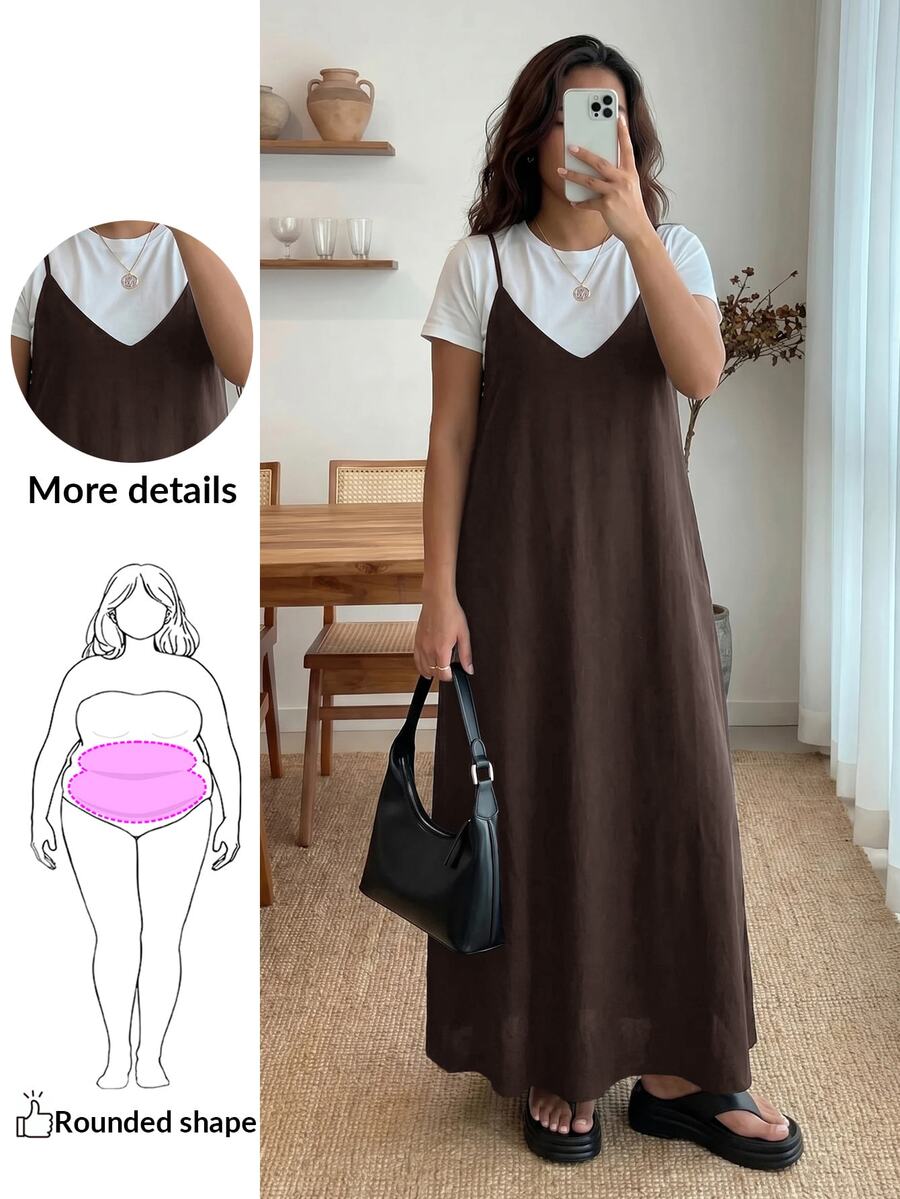 Enliva Gaun Longgar Musim Panas Wanita Ukuran Plus dengan Tali Bahu Tipis dan Kantong Samping, Potongan A-Line Menutupi Perut - Coklat - View 1