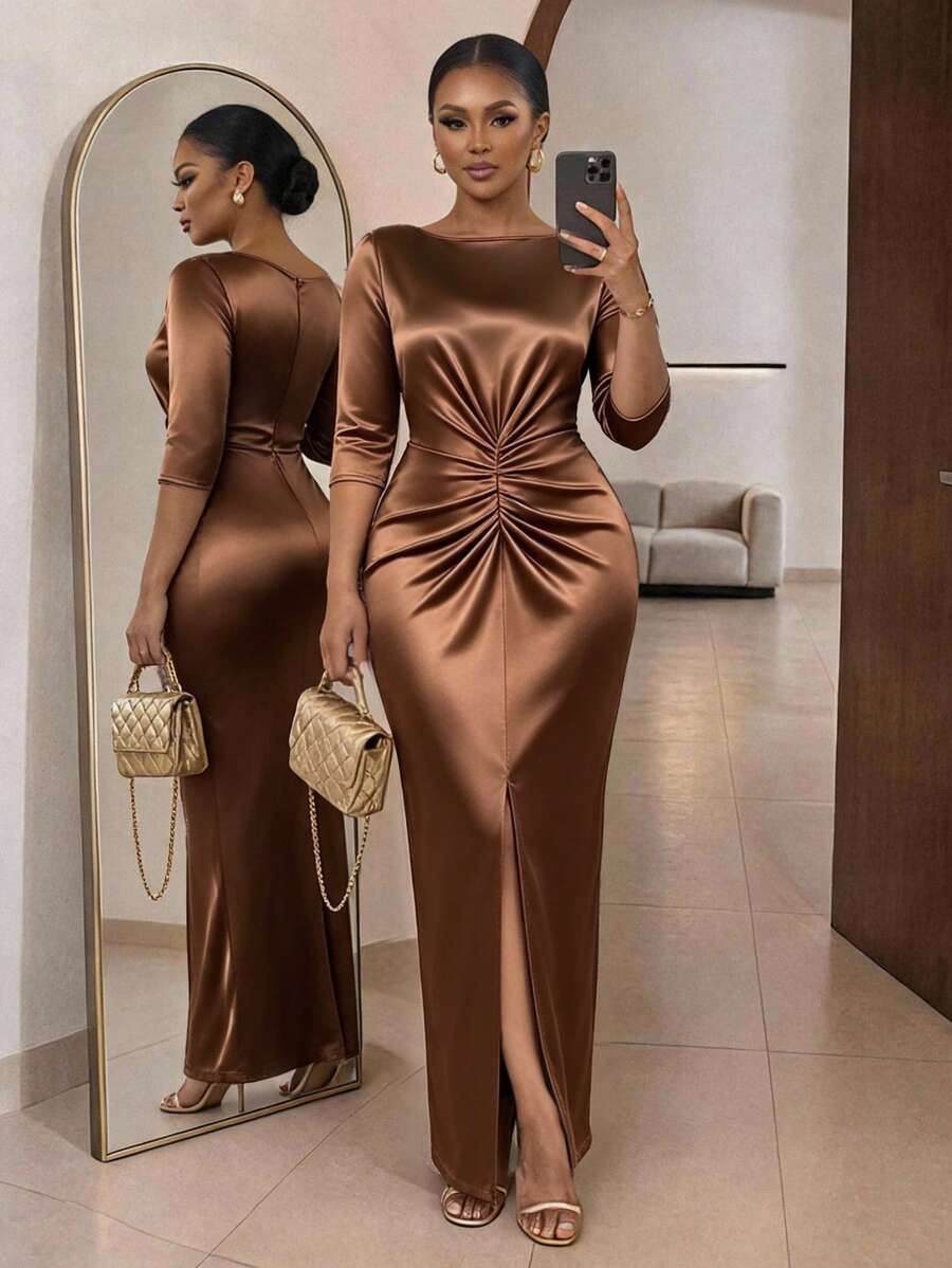 SHEIN Lady CURVE Plus Size Women's Solid Color Round Neck 3/4 Sleeve Ruched Hem Split Elegant Dress - Brown - View 1