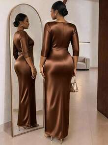 SHEIN Lady CURVE Plus Size Women's Solid Color Round Neck 3/4 Sleeve Ruched Hem Split Elegant Dress - Brown - View 2