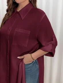 Shapeblank Plus Size Women Solid Color Rolled Sleeve Single-Breasted Casual Shirt Dress - Red Violet - View 4