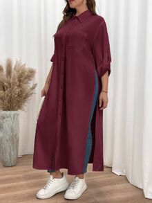 Shapeblank Plus Size Women Solid Color Rolled Sleeve Single-Breasted Casual Shirt Dress - Red Violet - View 6