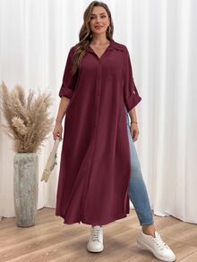 Shapeblank Plus Size Women Solid Color Rolled Sleeve Single-Breasted Casual Shirt Dress - Red Violet - View 7