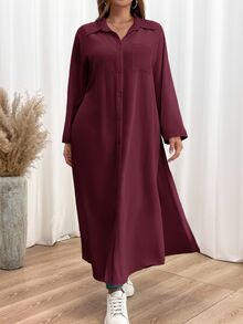 Shapeblank Plus Size Women Solid Color Rolled Sleeve Single-Breasted Casual Shirt Dress - Red Violet - View 5