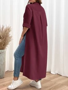 Shapeblank Plus Size Women Solid Color Rolled Sleeve Single-Breasted Casual Shirt Dress - Red Violet - View 3