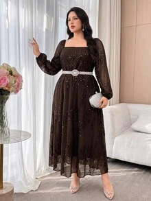 Feyla Plus Size Vintage Elegant Sequin Long Sleeve Dress For Evening Party - Coffee Brown - View 5