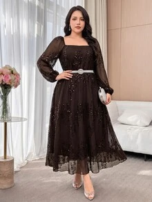 Feyla Plus Size Vintage Elegant Sequin Long Sleeve Dress For Evening Party - Coffee Brown - View 3