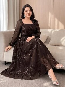 Feyla Plus Size Vintage Elegant Sequin Long Sleeve Dress For Evening Party - Coffee Brown - View 1
