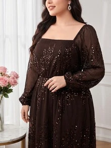 Feyla Plus Size Vintage Elegant Sequin Long Sleeve Dress For Evening Party - Coffee Brown - View 4