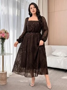 Feyla Plus Size Vintage Elegant Sequin Long Sleeve Dress For Evening Party - Coffee Brown - View 6