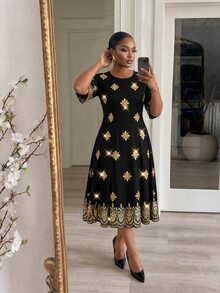 SHEIN Lady CURVE 大尺碼復古印花優雅晚宴洋裝 - 彩色 - 查看 5