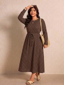 Melodosi Plus Size French Vacation Polka Dot Print Long Sleeve Dress Fall - Multicolor - View 2