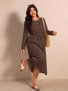 Melodosi Plus Size French Vacation Polka Dot Print Long Sleeve Dress Fall - Multicolor - View 1