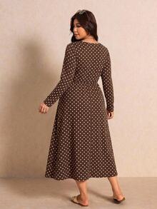 Melodosi Plus Size French Vacation Polka Dot Print Long Sleeve Dress Fall - Multicolor - View 4