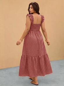 Elaquor Plus Size Women's Elegant Polka Dot Pattern Shirred Design Vacation Dress - Dusty Pink - View 2