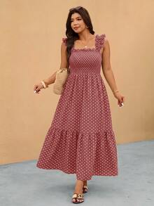 Elaquor Plus Size Women's Elegant Polka Dot Pattern Shirred Design Vacation Dress - Dusty Pink - View 5
