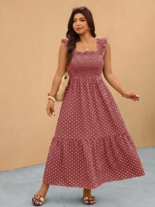 Elaquor Plus Size Women's Elegant Polka Dot Pattern Shirred Design Vacation Dress - Dusty Pink - View 3