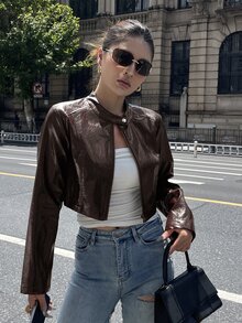 DAZY 女款純色修身短款立領長袖拉鍊休閒街頭度假風春秋PU皮革夾克 Y2K - 棕色 - 查看 5