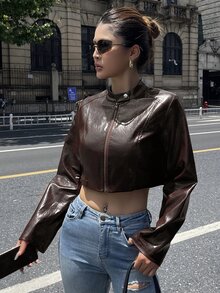 DAZY 女款純色修身短款立領長袖拉鍊休閒街頭度假風春秋PU皮革夾克 Y2K - 棕色 - 查看 6