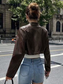 DAZY 女款純色修身短款立領長袖拉鍊休閒街頭度假風春秋PU皮革夾克 Y2K - 棕色 - 查看 2