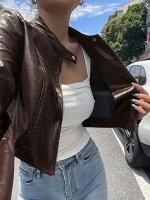 DAZY 女款純色修身短款立領長袖拉鍊休閒街頭度假風春秋PU皮革夾克 Y2K - 棕色 - 查看 1