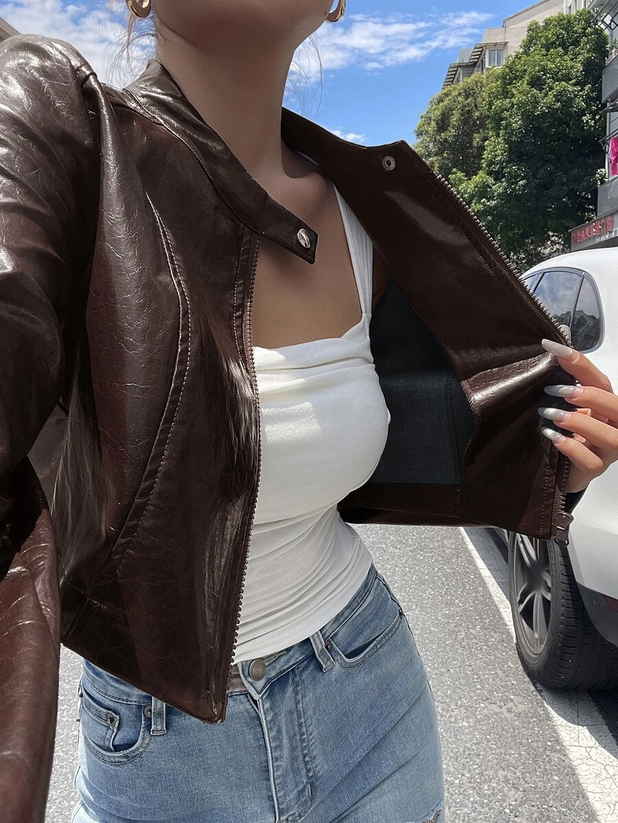 DAZY 女款純色修身短款立領長袖拉鍊休閒街頭度假風春秋PU皮革夾克 Y2K - 棕色 - 查看 1