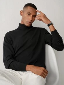 Manfinity CityGents 男士秋冬休閒基礎純色棉質高領毛衣 辦公度假正式黑色 - 黑色 - 查看 4