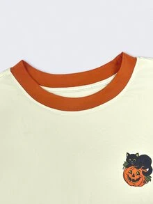 Lalippa 女款萬聖節南瓜與貓咪印花 T-shirt，詭譎可愛秋季上衣，休閒拼接色短袖圓領 Tee，適合日常穿著 - 彩色 - 查看 3