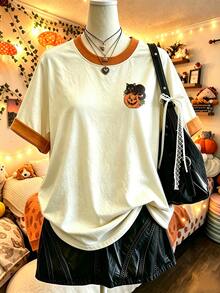 Lalippa 女款萬聖節南瓜與貓咪印花 T-shirt，詭譎可愛秋季上衣，休閒拼接色短袖圓領 Tee，適合日常穿著 - 彩色 - 查看 1