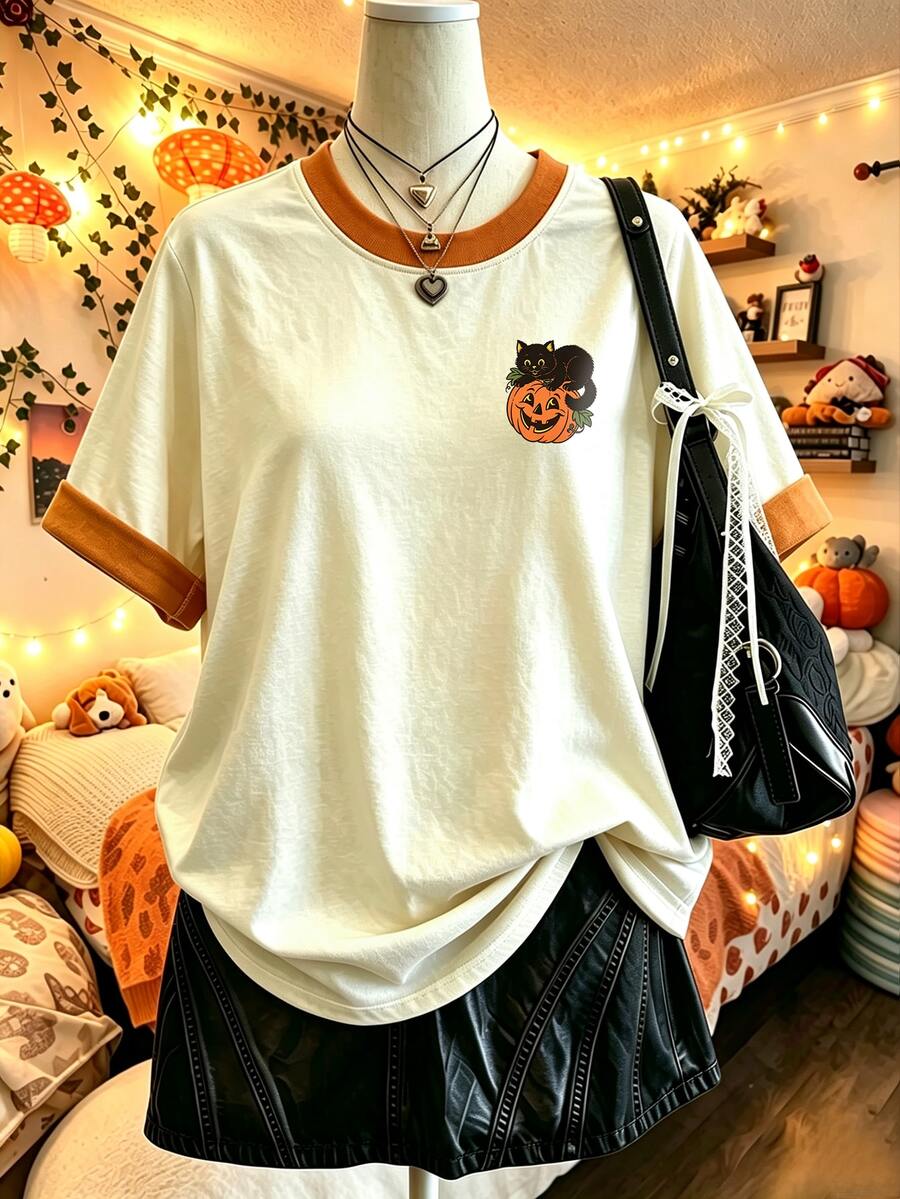Lalippa 女款萬聖節南瓜與貓咪印花 T-shirt,詭譎可愛秋季上衣,休閒拼接色短袖圓領 Tee,適合日常穿著 - 彩色 - 查看 1