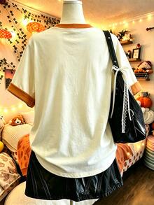 Lalippa 女款萬聖節南瓜與貓咪印花 T-shirt，詭譎可愛秋季上衣，休閒拼接色短袖圓領 Tee，適合日常穿著 - 彩色 - 查看 2